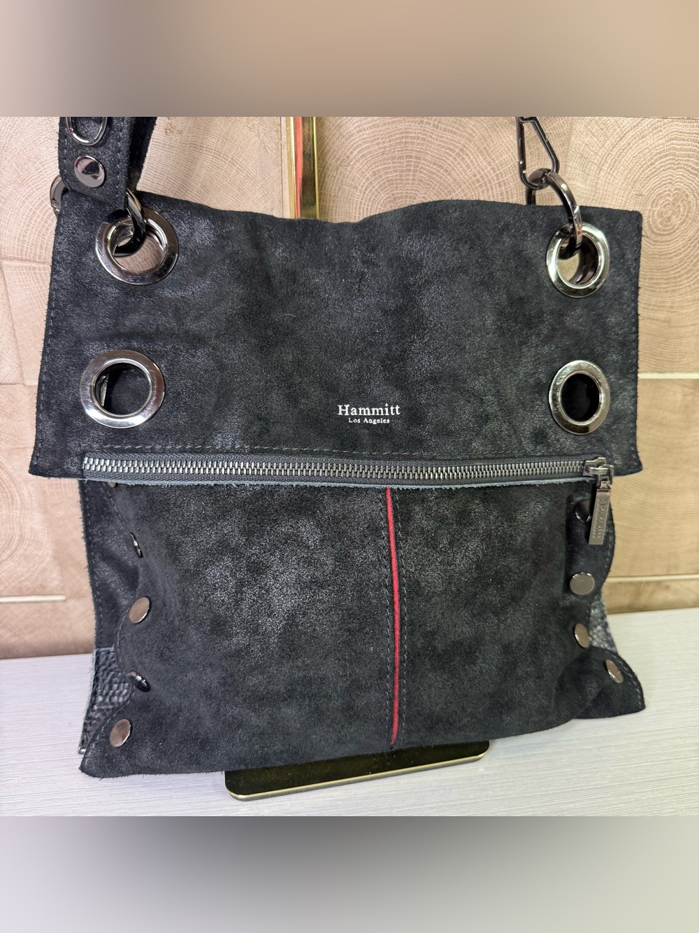 Hammitt Montana Adjustable Pewter Leather with black and Silver